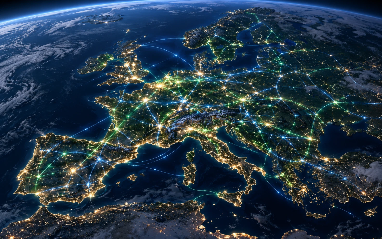 WOLF: visualizzazione concettuale dei flussi di potenza nella rete elettrica europea.